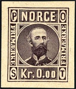 Oscar kronemerke. Prøvetrykk i svak lilla farge med valør "Kr 0.00".