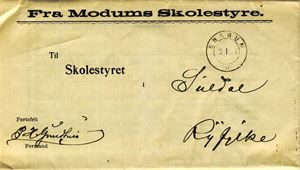 Brev SNARUM 3-I-? på komplett skoleberetning fra Modums skolestyre for årene 1901-05. Pen kvalitet