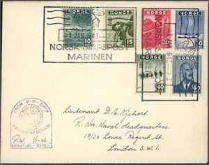 333/38. Londonmerkene (6 valører) på konvolutt, stemplet "Norsk Skipspost Marinen 1 Jan 1943 - 23". Sensurstempel på forsiden.
