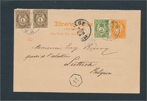 Nk 49 I x2 og 52 IV på oppfrankert helsak til Belgia stemplet "HARSTAD 27 VII 98". Ankomst "LIEGE 3 AOUT 98"