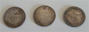 RYSSLAND-SOVJET tre st Rubel i silver: 1 Rubel 1841, 1 Rubel 1854 samt 1 Rubel 1921. Välbevarade exemplar med