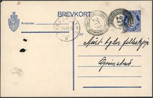 15 øre Brevkort, annullert med 4-rings "279" (Holt, AA), og ved siden stemplet "Grimstad 24.6.25". Brevkortet med hull etter arkivnål.