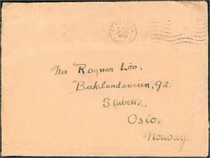 Konvolutt, maskinstemplet "St. Helens 14. Aug 1939" og adresser til Norge. Frankeringe er falt av, og brevet er innlagt en slipp med tekst "Sendingen er skadd ved at British Airways rutefly London-Kjøbenhavn forulykket 15/8 d.å. og styrtet i sjøen ved Falster i Danmark. Oslo postkontor Budavdelingen 17/8. 1939.".