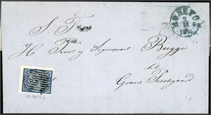 1. 4 skilling våpen 1855 på komplett brev, annullert med 10-streks riststempel og ved siden "Hønefos 9.11.1855". Merket med to gode og to smale marger.