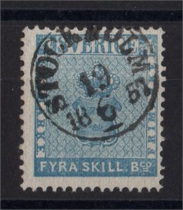 SVERIGE F2 h1 4 skill bco stpl STOCKHOLM 19.6.1857, intyg OBE "mycket gott exemplar, 3.3.3-4 "