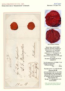 Bankobrev (90 Rbdlr), sendt i fra Tønsberg til Lotteri Inspektøtrn for Klasse Lotteriet, Kjøbenhavn (Klasselotteriet varte fra 13.3.1770 til 2.11.1890. Dette brevet er påskrevet med blyant 1787). To segl på baksiden, hvorav et offisielt fra Posten i Tønsberg. Porto 18 Lsk. Pent montert for utstilling på ark.