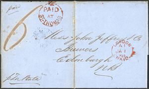DWI. Two letters sent from St. Thomas to Edinburgh, Scotland in 1857 via London. One with the rare "single line"-postmark from "St Thomas De 16 57" at reverse. Both letters with a hard vertical crease.