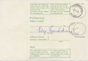 I22N Svartevatn I22N (VA) 6-11-74 på pakkeadressekort stemplet Flekkefjord (I21N).  Svært uvanlig