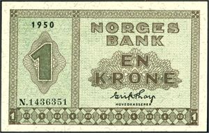 1 krone 1950, serie N.1436351. 01