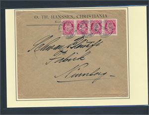 Nk 100 x4 på trippelvektig brev stemplet "BUREAU REEXP CHRISTIANIA 22 IV 13" til Nürnberg, Tyskland