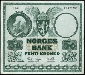 To stk 50 kroner: hhv. 1961 e og 1965 F. Sistnevnte med en ørliten rift i venstre side. 1-