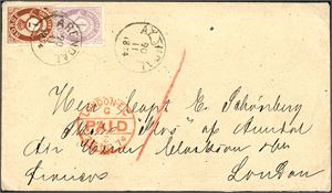 19,21. 11 skillings porto til England. 4 skilling- og 7 skilling Posthorn på konvolutt til London, stemplet "Arendal 20.11.1874". Ved siden rødt "London E.C Paid 26 No 74". Attest Kaiser.