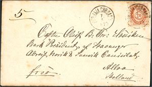 27. 20 øre skravert Posthorn på konvolutt til Scotland, stemplet "Chr.Ania chr.Sand 7.5.1879". Ankomststemplet "Alloa My 12 79" på baksiden. Noen rustflekker.