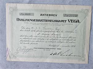 Aksjebrev - Hvalfangeraktieselskapet Vega 1924