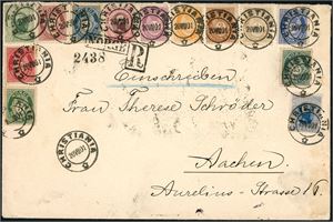 32--84. 13 merker inkludert Oscar Kronemerker på rekommandert konvolutt til Aachen, Tyskland, stemplet "Christiania 20.8.01". Transitt- og ankomststempel på baksiden.