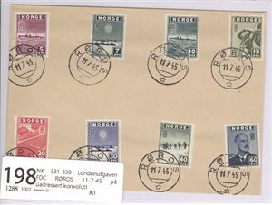 NK 331-338 Londonutgaven FDC RØROS 11-7-45 på uadressert konvolutt