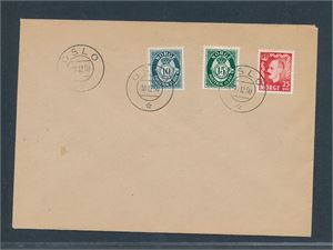 FDC Nk 388-89 og 393, 10 og 15øre posthorn og 25øre Haakon (Hk 2700)