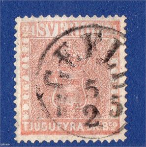 F5 24 skill bco orangeröd, stpl. Gefle 5.2.185x, intyg OBE "kraftigt reparerat", oxiderat märke