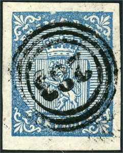 1. 4 skilling våpen 1855, anert med nummerstempel "283" (Stegen, NO, 7 pkt). Gode marger.