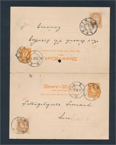 Nk 74 singel på begge deler av brevkort med betalt svar mellom Moss og Larvik 1901