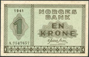 1 krone 1941, serie A.7547857. 0/01
