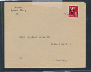 Nk 282 på brev kun stemplet med dato "26 OKT 41" (utydelig år). Logo Lensmannen i Rissa. Sendt til Drammen, kan ikke være vanlig