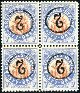 Arendal Bypost nr 13. 2 øre provisorie variant "Omvendt overtrykk" i 4-blokk. De to øverste merkene er postfriske.