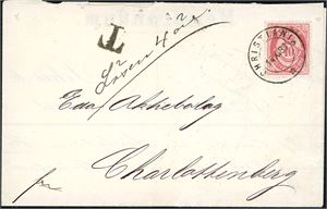 38. 10 øre Posthorn på komplett brev til Charlottenberg, Sverige, stemplet "Christiania 14.11.83". Ved siden påstemplet "T" og påskrevet "Løsen 4 øre". Baksiden påsatt en 1 øre- og en 3 øre svensk Løsenmerke og stemplet "Charlottenberg 15.11.1883".