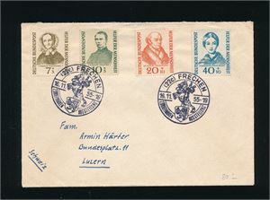 BRD Brev til Sveits  med Mi 222-25, 1955 Helfer der Manschheit stemplet "(22c) FRECHEN 16-11-55)(dagen etter utgivelsen)