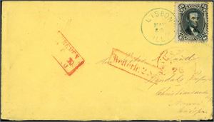 USA. 15 c postage to Norway. 15 c Lincoln on envelope, cancelled "Lisbom May 25 ILL" and sent to Christianssand. "Chicago",  "Weiterfrei 2Sgr" and "Bremen" postmark, all in red at side. Arrival postmark "Christianssand 15.?.1870" at reverse. Some stains on a few perfs.