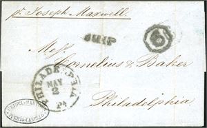 An entire from Puerto Cabello, Venezuela to Philadelphia, endorsed "pr Joseph Maxwell" and wit "Philadelphia Pa. May 2" cds and postagenumber "6".