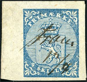 1. 4 skilling Våpen 1855, annullert med håndskrevet "Fron 13/4". Vakkert merke med del av arkrand i venstre side, og meget bred opp og til høyre, normal nede. Pos. B 11. Attest FCM.