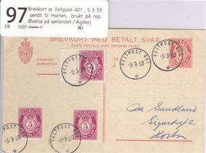 Brevkort st. Feltpost 401, 5-3-59 sendt til Horten. Brukt på rep. øvelse på Sørlandet / Agder)