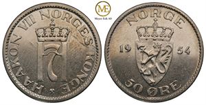 50 øre 1954 Haakon VII. Prakt eksemplar