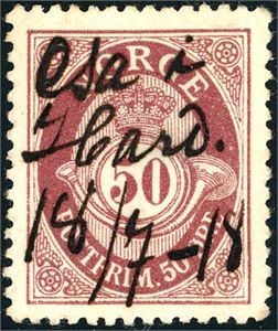 108. 50 øre Posthorn, anert med håndskrevet "Osa i Hard. 18/7-18" (Osa i Hardanger).