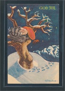 KUNSTNERKORT AUKRUST Nisse som sover i fuglerede (Oppi 602/2). Frimerket fjernet, forside meget pen