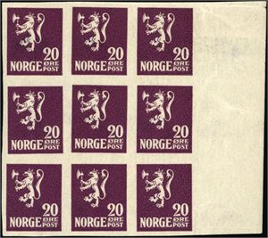 127. 20 øre Løve I variant "Utagget" i 9-blokk med arkrand i høyre side. Alle merkene er garantistemplet "I.I.J Ekte OFK"