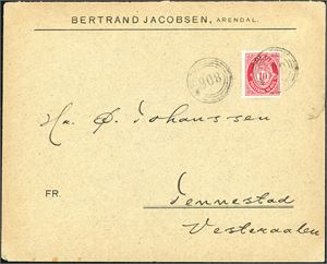 100. 10 øre Posthorn på konvolutt fra Arendal, anert med 4-rings "808" (Kong Olaf, 1914-1920) og sendt til Jennestad i Vesterålen. Brevinnholdet er datert 1915.