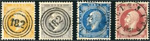 2/5. Skilling Oscar i komplett serie, alle annullert med nummerstempel "182" (Lillesand). Et merke med feil.
