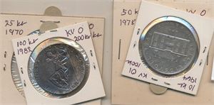 Sølvmynter lot 4 Norske Sølvmynter Kval. 0.  25kr 1970, 10kr 1964, 50 kr 1978 og 100kr 1982
