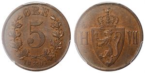 5 Øre 1907 kv 0, pcgs ms64bn