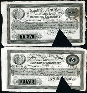 Great Britain. Stanford, Svalding and Boston Banking Company. One 5- and one 10 £ (1901/04). Also one 5- and one 10 £ from Wisbech and Lincolushire bank 1894. All cut cancelled. VK