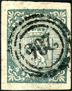 1. 4 skilling våpen 1855, anert med nummerstempel "206" (Moland, TE, 8 pkt). Gode marger.