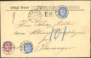 30,40 I. 90 øres innenlandsporto. 50 øre skravert Posthorn og to 20 øre blå på bankokonvolutt (Kr 568,30), stemplet "Egersund 23.4.85".