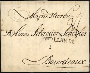 Komplett brev datert "Moss June 18. 1768" og sendt til Bordeaux. Befordret privat til Amsterdam, deretter med forwardingagent "Adriaan Blom". I Paris er brevt stemplet "D´Hollande" i sort. Satt i porto med 38 Sols (Brevet har veid 1/16 onze ekstra).