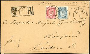 40 II.43. 30 øres innenlandsporto. 20 øre blå og 10 øre 21 mm på konvolutt, stemplet "Stai 4.8.1884" (HE) og sendt rekommandert. "Nordbanernes Postexp. 5.8.84" stemplet på baksiden.