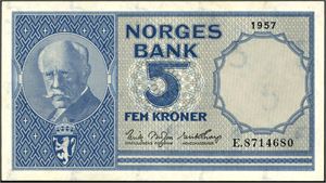 5 kroner 1957, serie E.8714680. 0