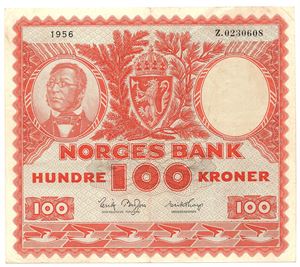 100 kroner 1956 Z.0230608. Erstatningsseddel. R-seddel. Kv.1/1+