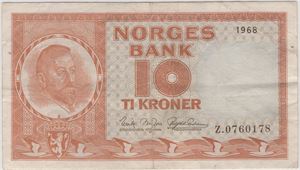 10 kroner 1968 Z.0760178. Erstatningsseddel. RRR. Kv.1