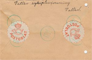 Oblatstempel VALLSET (Hedmark), stemplet SL 16 I 45 (3 pkt) på bankobrev til Oslo frankert med 2x NK 246. Baksiden med to store røde postoblater og eneste kjente avtrykk av oblatstempel nr. 1091 i grønn farge. Arkivhull på venstre side.